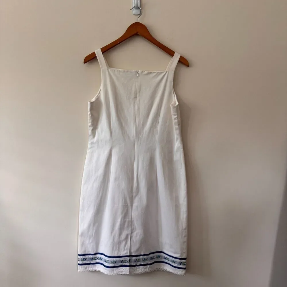 Ann Taylor LOFT White Dress with Blue Embroidered Hem Size 8